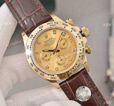 Best Replica Rolex Daytona watch Gold Dial with Diamond Leather Strap